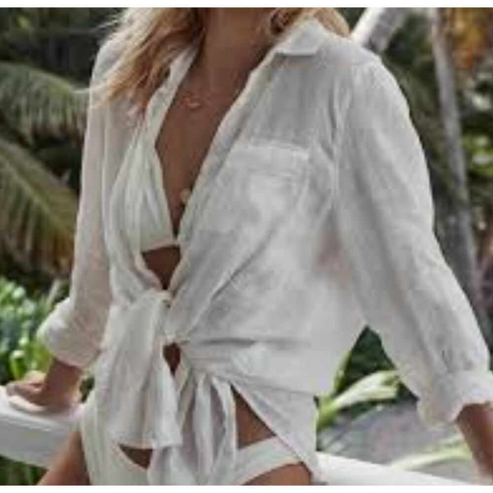 Zoye Chen White Gauzy Sheer Oversized Button Up Cover-Up Top Small